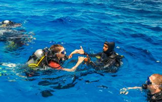 group of people taking scuba diving lessons in swimming pool